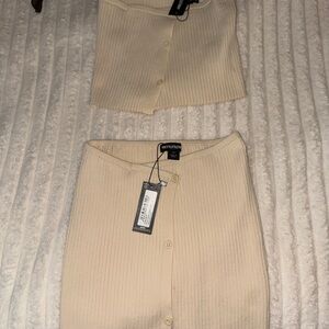 PrettyLittleThing Beige Ribbed Skirt Set